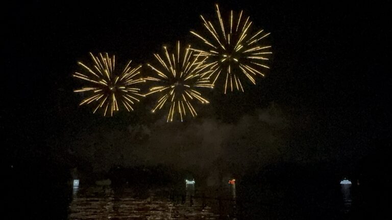 Hakone fireworks over Lake Ashi viewed from the Moto-Hakone shoreline